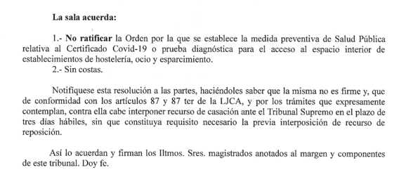 Acuerdo de la sala del TSJA